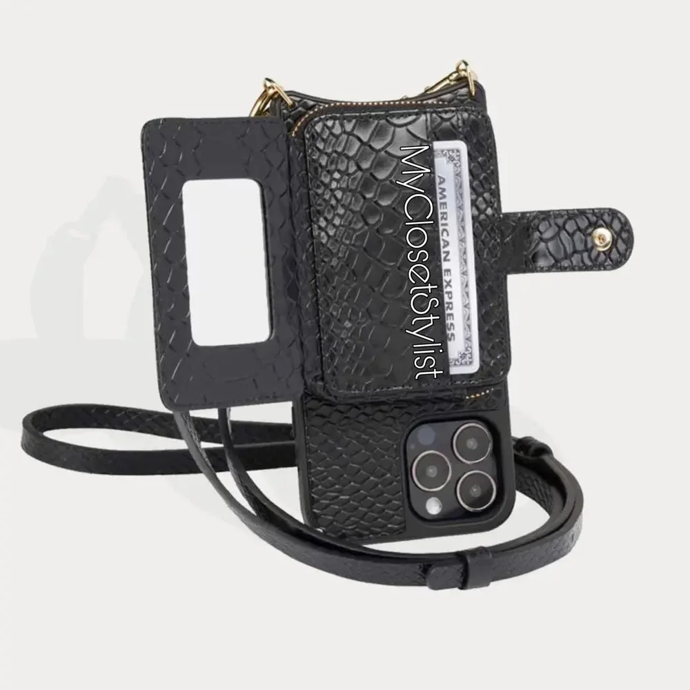 NWT! Bandolier MIRROR Snake 13 Pro iPhone Case Crossbody Strap SET! Black Purse